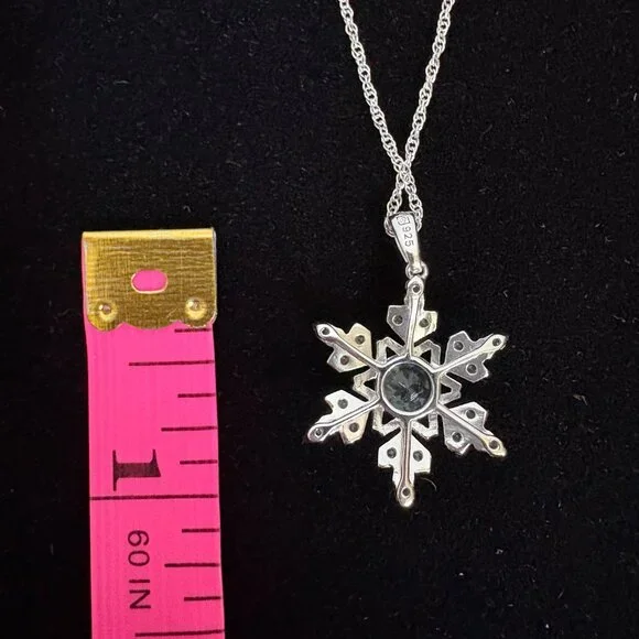 Snowflake Pendant 18" Necklace Simulated Blue & White Topaz 925 Sterling Silver - Picture 5 of 9